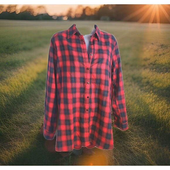 Women’s Red Plaid Button Down Embroidered Velvet Back Boho Western Shirt Sz M - Picture 2 of 9